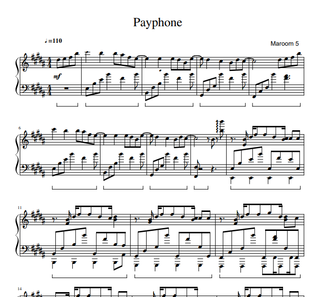 Maroom 5 - Payphone for piano solo