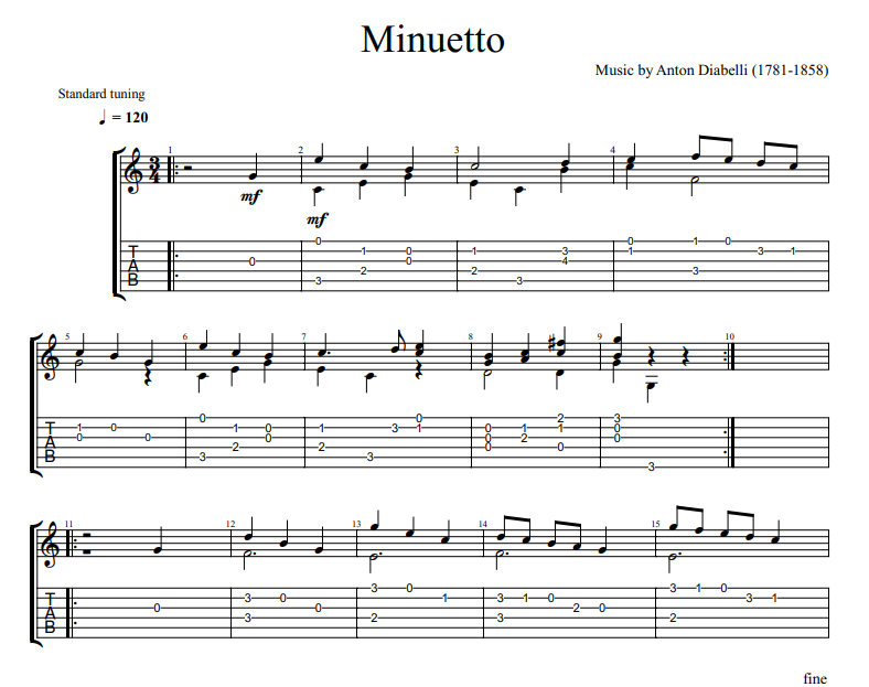 Anton Diabelli - Minuetto sheet music for guitar tab