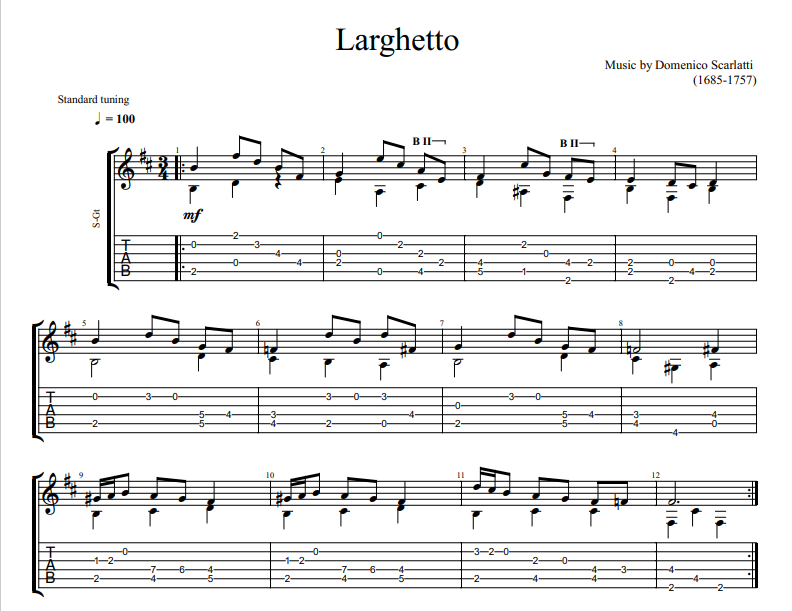 Domenico Scarlatti - Larghetto sheet music for guitar