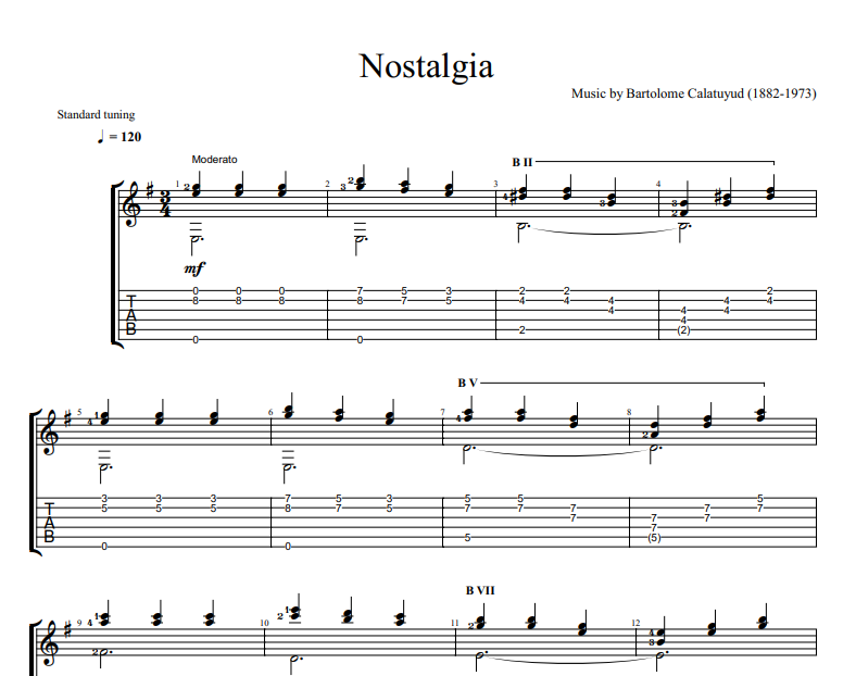 Bartolome Calatayud - Nostalgia sheet music for guitar TAB
