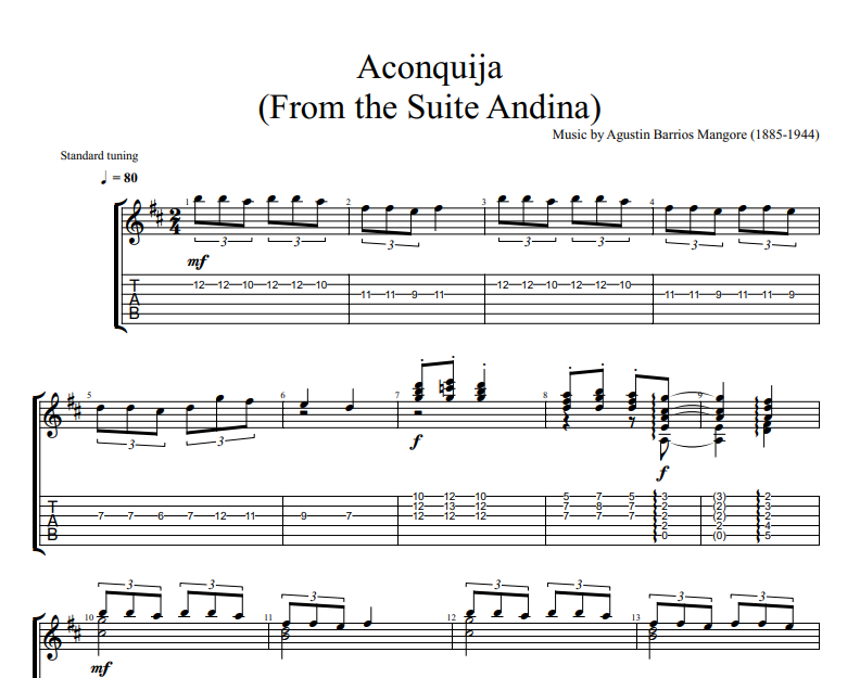 Agustin Barrios Mango - Aconquija sheet music for guitar TAB