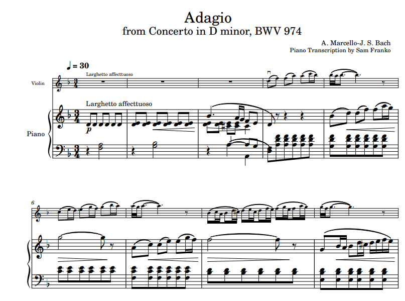 Adagio - from Concerto in D minor, BWV 974 for violin and piano