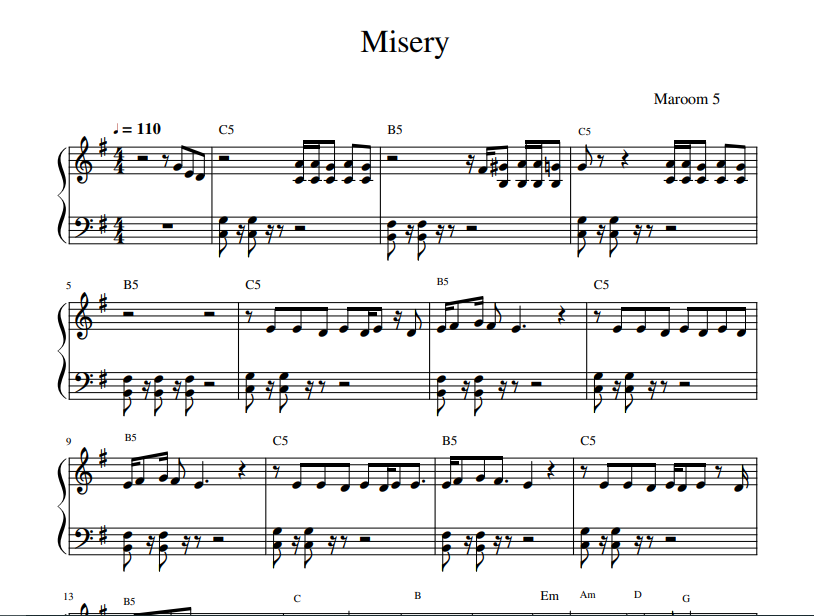 Maroom 5 - Misery sheet music for piano solo