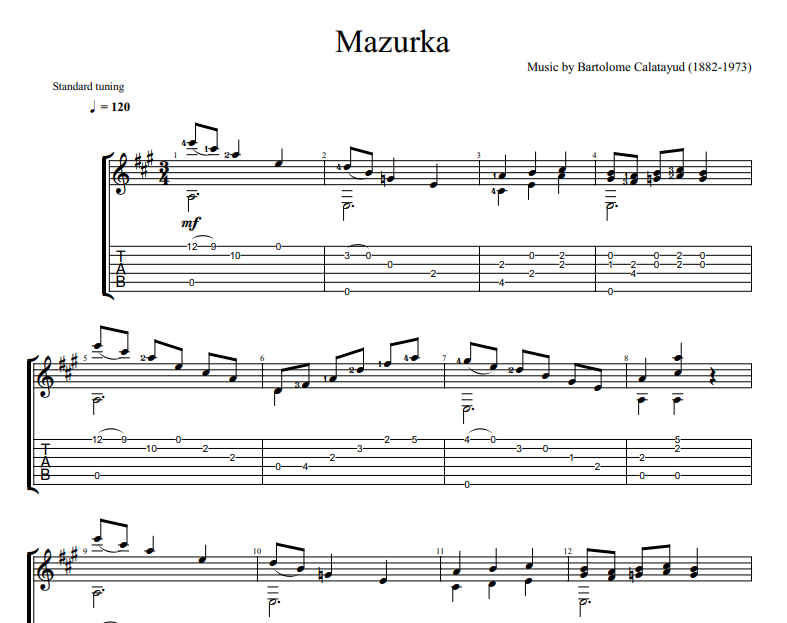 Bartolome Calatayud - Mazurka sheet music for guitar TAB