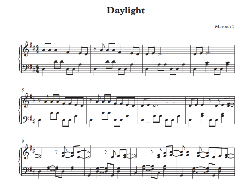 Maroom 5 - Daylight sheet music for piano solo