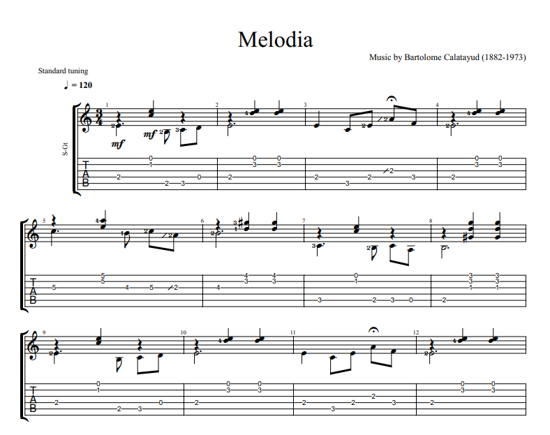 Bartolome Calatayud - Melodia sheet music for guitar TAB
