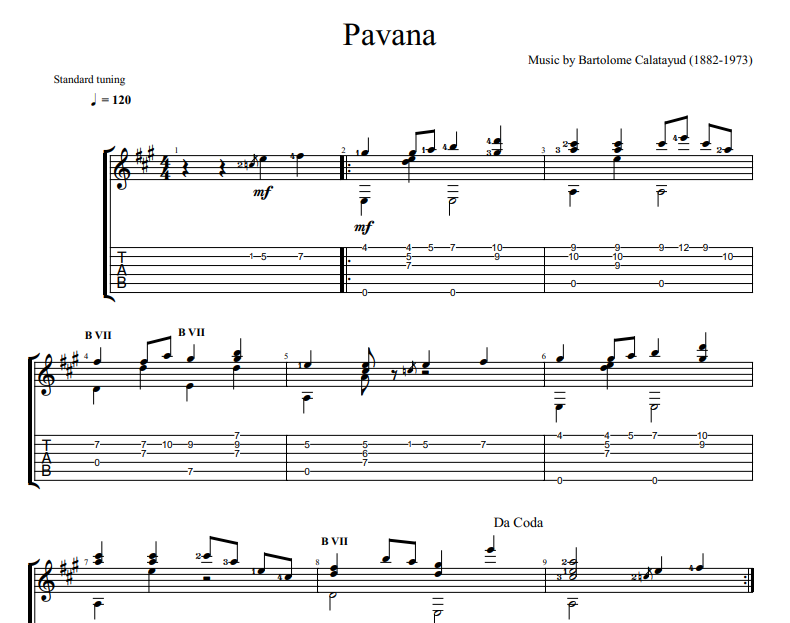 Bartolome Calatayud - Pavana sheet music for guitar TAB