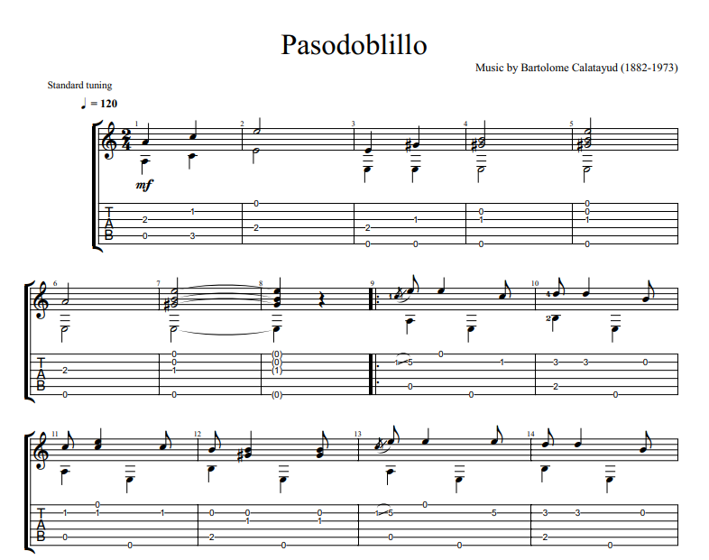 Bartolome Calatayud - Pasodoblillo sheet music for guitar TAB