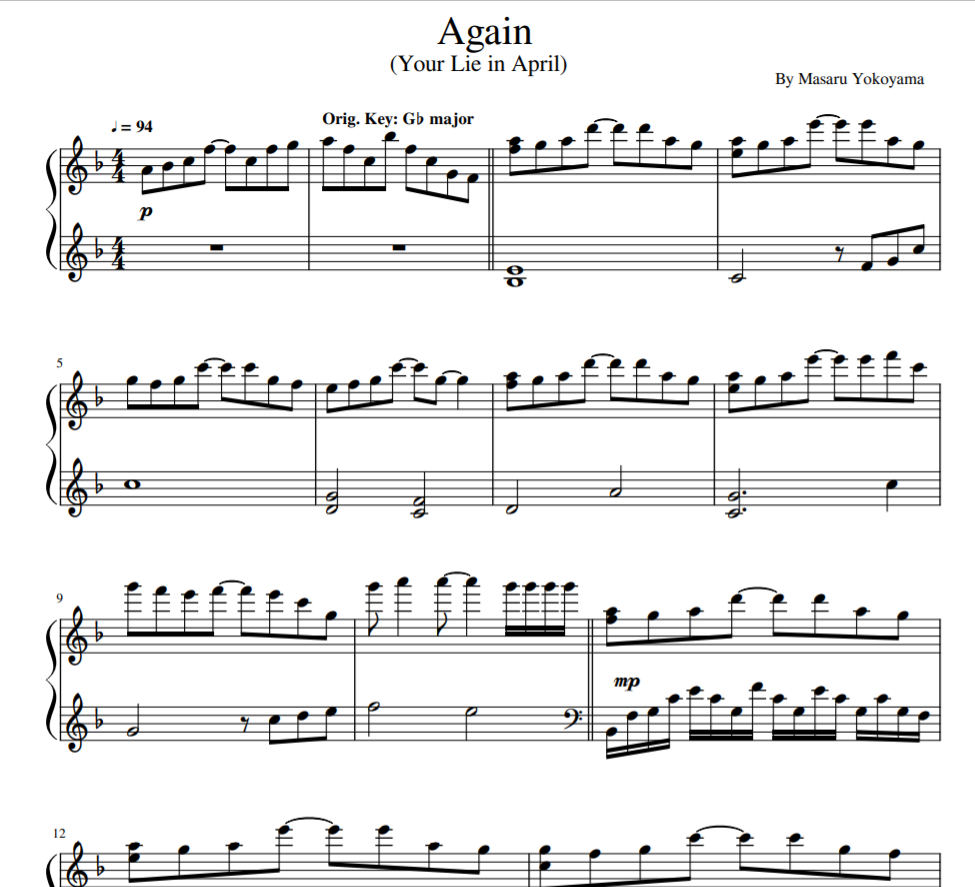 Masaru Yokoyama - Again ( Your Lie in April) sheet music for piano