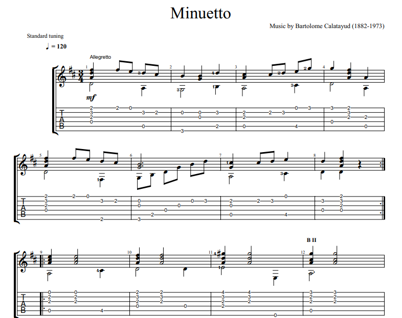 Bartolome Calatayud - Minuetto sheet music for guitar TAB