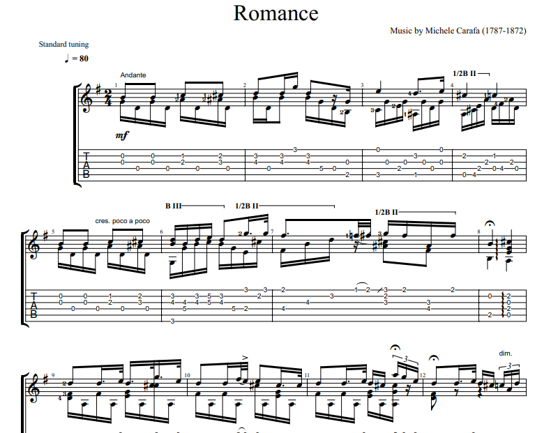 Michele Carafa -Romance sheet music for guitar