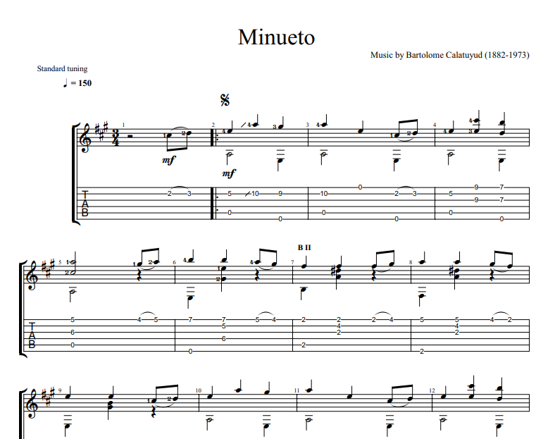 Bartolome Calatayud - Minueto sheet music for guitar TAB