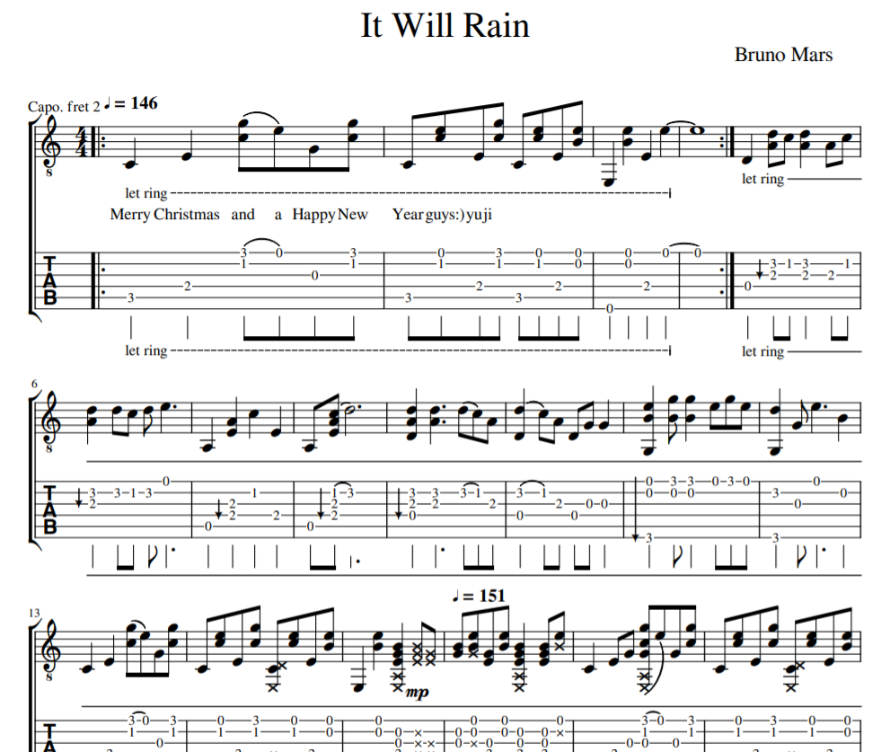 Bruno Mars - It Will Rain for guitar tab