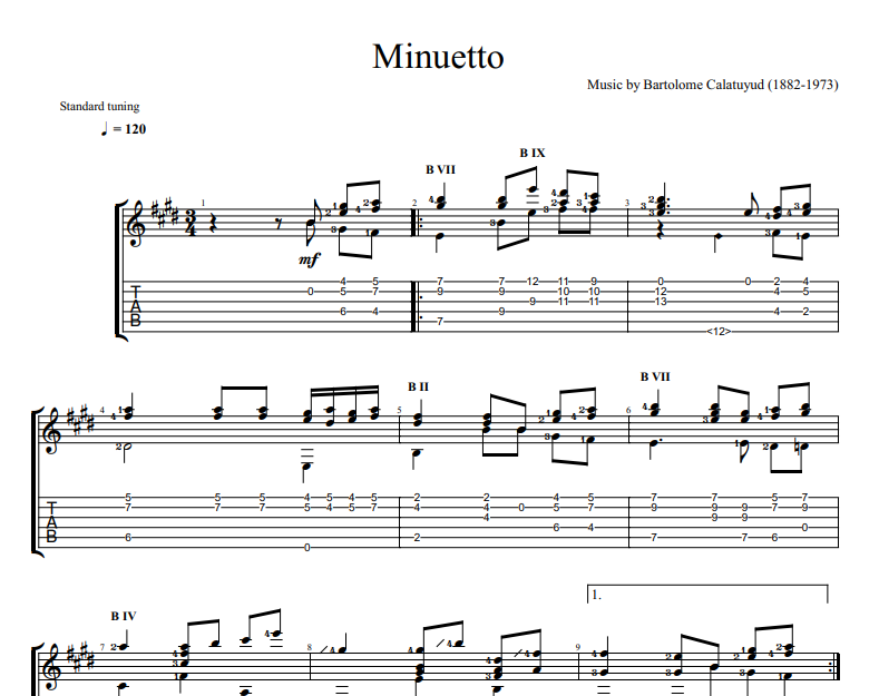 Bartolome Calatayud -Minuetto version 2 sheet music for guitar TAB