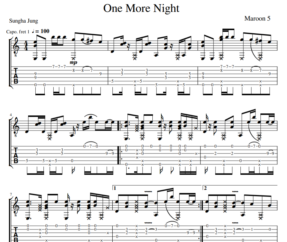 Maroon 5 - One More Night for guitar tab